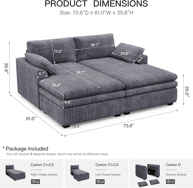 Belffin Large Modular Sectional Sofa with Deep Chaise, 73.6" Corduroy L Shaped Couch with 9" Soft Dual-Layer Seats Cushion for Living Room, Apartment, Light Grey