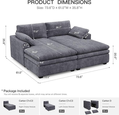 Belffin Large Modular Sectional Sofa with Deep Chaise, 73.6" Corduroy L Shaped Couch with 9" Soft Dual-Layer Seats Cushion for Living Room, Apartment, Light Grey