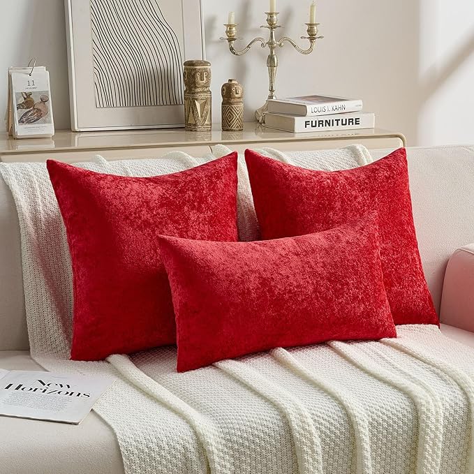 FUTEI Christmas Red Flannel Throw Pillow Covers 16x16 Inch Set of 2,Soft Dimensional TextuChristmas Red Cushion Cases,Modern Home Decor for Couch Living Room