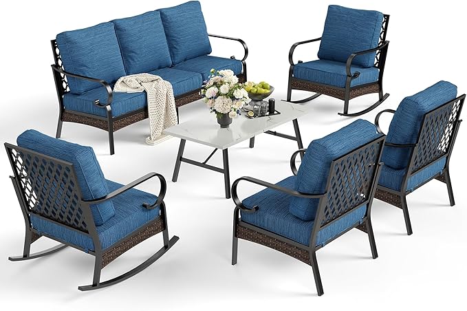 6 Piece Metal Outdoor Patio Furniture Set, Patio Conversation Set 3-Seater Sofa, 2 Fixed Sofa, 2 Rocking Chair with 5.75" Thick Cushion & Coffee Table Black Backyard Furniture, Blue-2