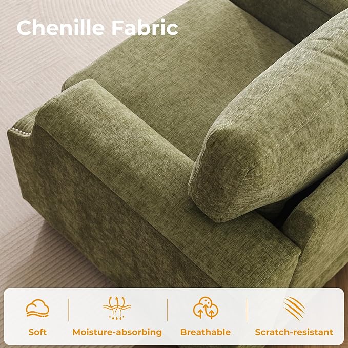 85'' L Shaped Couch with Armrest Organizer,3 Seats Sofas with Storage Ottoman,Comfy Sectional Sofa with Thick Cushion,Chenille Sectional Couches for Living Room,Bedroom,Apartment,Green