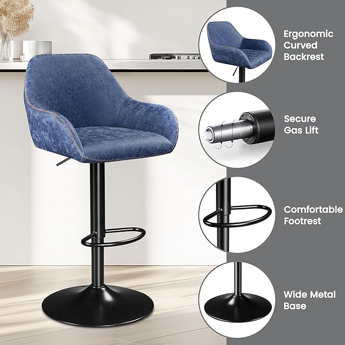 Yaheetech Bar Stools Set of 4, PU Leather Swivel Counter Height Barstools, Adjustable Bar Chairs with Backrest and Footrest, Kitchen Island Stool for Home Kitchen, Blue
