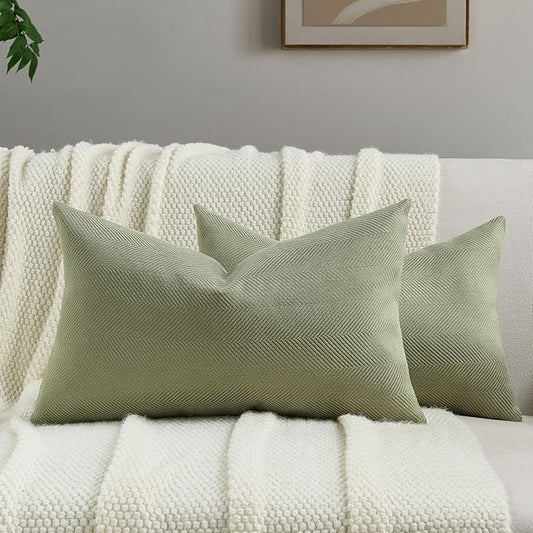 FUTEI Sage Green Chenille Throw Pillow Covers 12x20 Inch Set of 2,Soft Wide Chevron Textured Lumbar Pillow Cases,Farmhouse Home Decor for Couch Bed Living Room