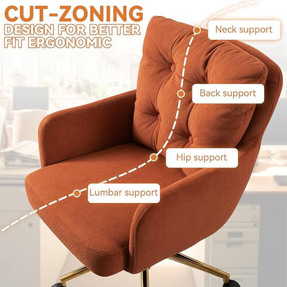 Velvet Office Chair, Comfy Home Office Desk Chairs with Lumbar Support, Modern Velvet Desk Chair Gold Legs Small Swivel Task Chair for Home Office, Bedroom, Study (Orange, L)