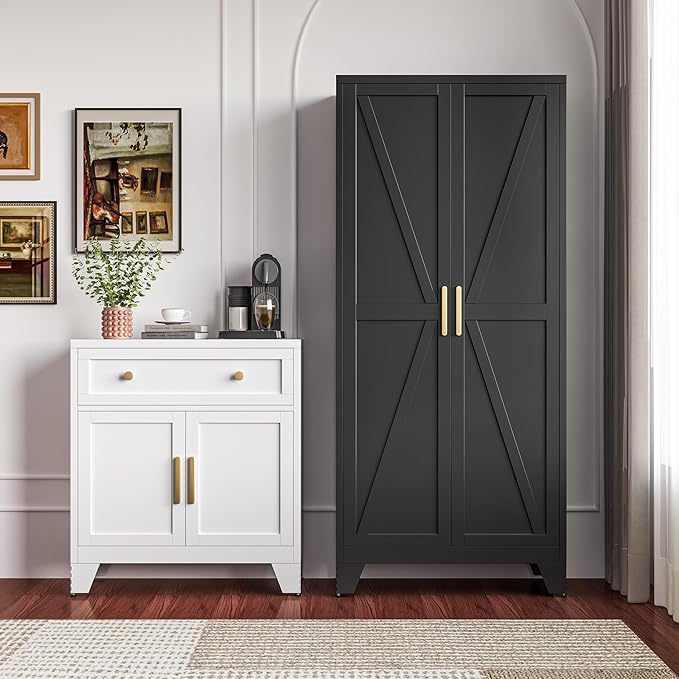 Large Metal Kitchen Pantry Storage Cabinet with Adjustable Shelves - Freestanding Kitchen Storage Cabinet for Dining Room,Livingroom Bathroom, Hallway, Workshop, Office (Black, 71"- 0 drawer)
