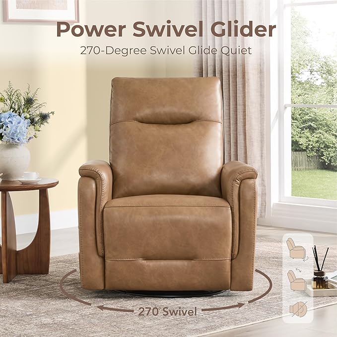 Watson & Whitely Power Recliner Chairs for Adults, Swivel Rocker Recliner W Power Headrest & Type-C Charger for Living Room, Faux Leather, Camel, RC015