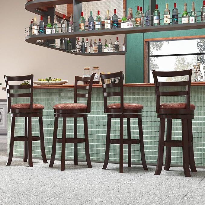 COSTWAY 30” Bar Height Stools Set of 4, Swivel l High-Top Chairs with Backrest & Faux Leather Padded Seat, Rubber Wood Barstools with Footrest for Kitchen, Dining Room, Pub (4,30'')