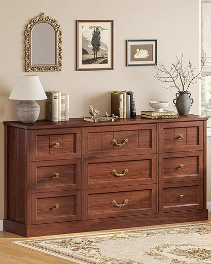 AOGLLATI Farmhouse 9 Drawers Dresser for Bedroom, 63" Wide Wood Rustic Chest of Drawers with Natural Texture, Vintage Design, Long Wide Storage Dresser for Bedroom, Oak Brown