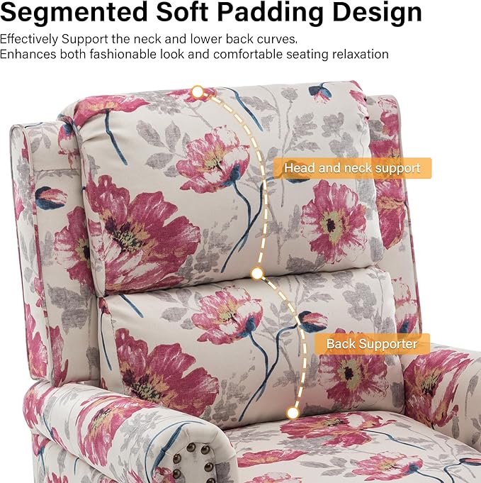 Recliner Chair, Modern Pushback Armchair with Adjustable Backrest & Footrest for Bedroom, Living Room (Pattern Floral,Set of 1)