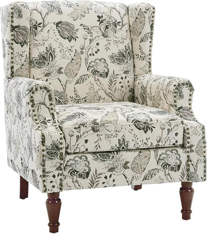 UIXE High Back Floral Accent Chair, Fabric Upholstered Armchair for Living Room, Retro Printed Wingback Arm Chair Nailhead Trim Single Sofa Bedroom Reading Seat - Beige Plants