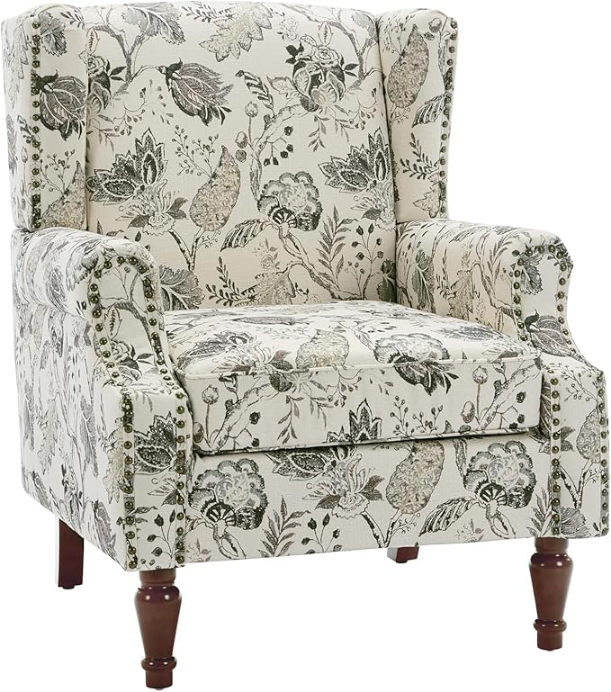 UIXE High Back Floral Accent Chairs Set of 2, Fabric Upholstered Armchair for Living Room, Retro Printed Wingback Arm Chair Nailhead Trim Single Sofa Bedroom Reading Seat - Beige Plants