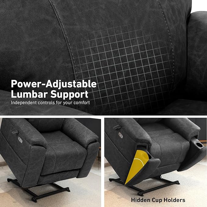 EONIX Triple Motor Lay Flat Power Lift Recliner Chair for Elderly, 400lbs Electirc Lift Chair for Living Room, Independent Adjustable Lumbar, Extended Footrest, Hidden Cup Holders, Charcoal Black
