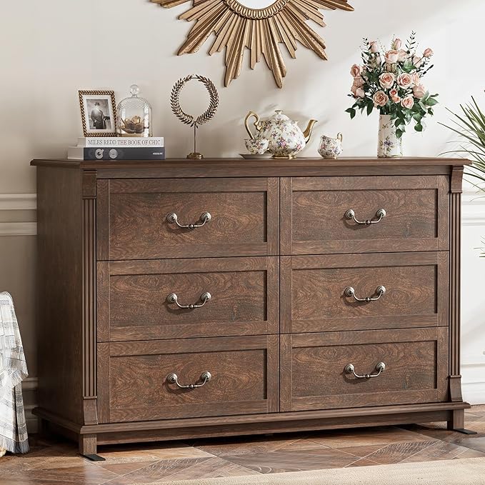 Amada 6 Drawers Dresser for Bedroom, Farmhouse 47" Wide Dresser & Chest of Drawers with Roman Column Design, Large Storage Organizer with 6 Drawer Sizes for Bedroom, Living Room