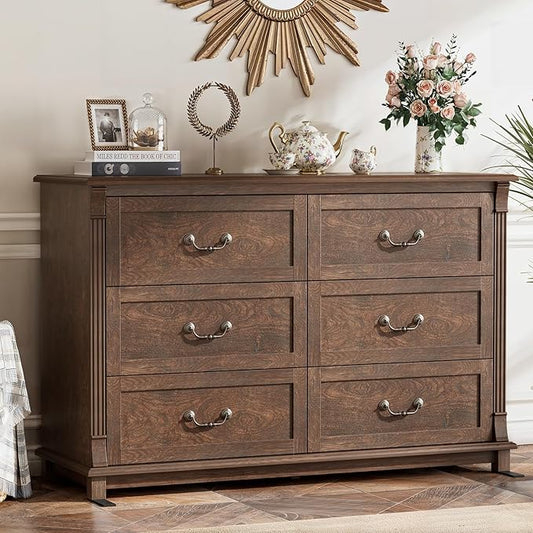 Amada 6 Drawers Dresser for Bedroom, Farmhouse 47" Wide Dresser & Chest of Drawers with Roman Column Design, Large Storage Organizer with 6 Drawer Sizes for Bedroom, Living Room