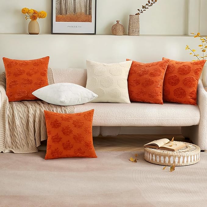 decorUhome Decorative Rust Pumpkin Thanksgiving Throw Pillow Covers 18x18 Set of 2, Soft Chenille Jacquard Farmhouse Textured Pillow Covers for Couch Bed Sofa Autumn Harvest Halloween Holiday