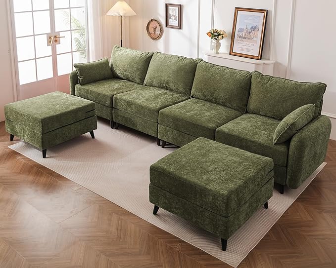 135'' Modular Sectional Sofa with All Seats Storage, Oversized U Shaped Couch for Living Room,4-Seater Comfy Cloud Couches with Movable Ottoman,Big Sectionals for Bedroom,Velet,Green