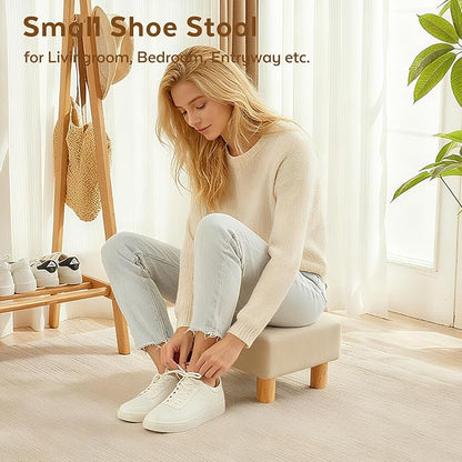Small Foot Stool Ottoman, Linen Footstool Ottoman Foot Rest for Couch, Rectangle Footstools and Ottomans Small for Living Room, Entryway and Bedroom (Beige)