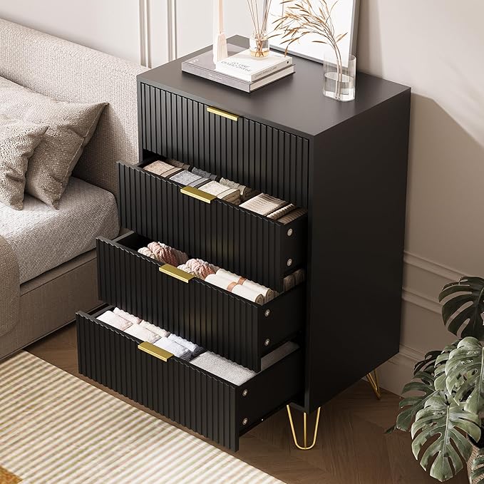 Black Dresser for Bedroom, 4 Drawer Dresser with Gold Metal Handles & Chests of Drawers, Chests of Drawers for Hallway, Bedroom