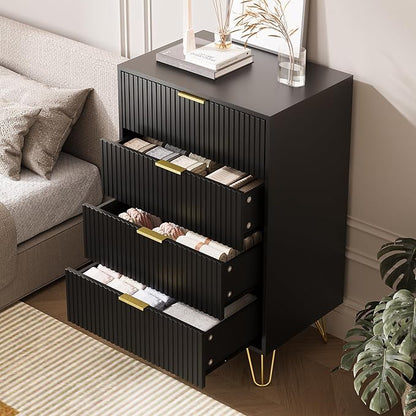 Black Dresser for Bedroom, 4 Drawer Dresser with Gold Metal Handles & Chests of Drawers, Chests of Drawers for Hallway, Bedroom