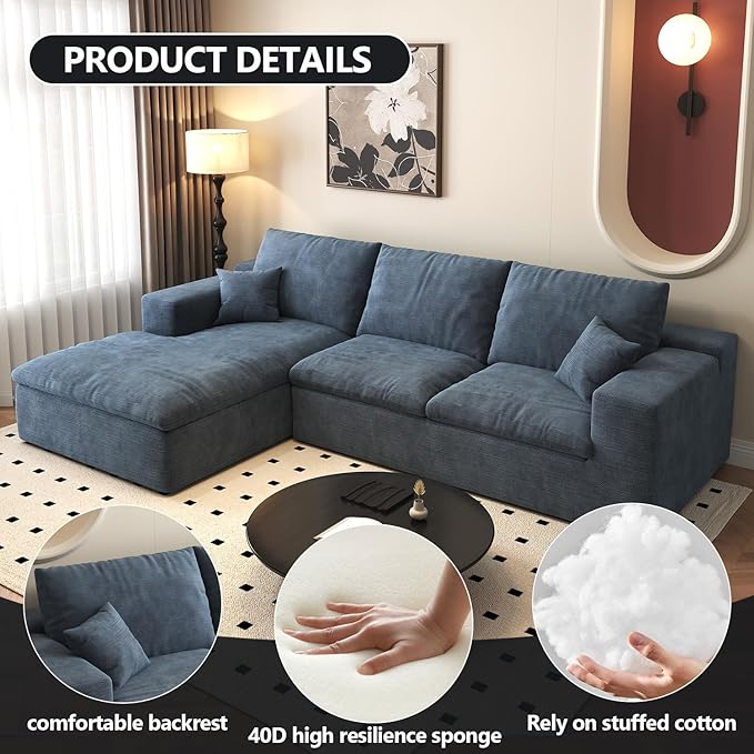 107'' L-Shaped Modern Modular Sectional Cloud Couch, 4-Seat Chenille Deep-Seat Sofa with Pillow for Living Room, Bedroom, Apartment, Ocean Blue