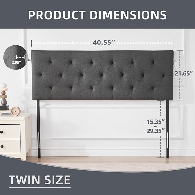 Linen Upholstered Headboard Twin Size, Diamond Tufting Solid Wood Twin XL Headboard Only, Adjustable Height from 37” to 51” Head Board, Dorm Bed Frame or Wall Mount Headboards, Dark Grey