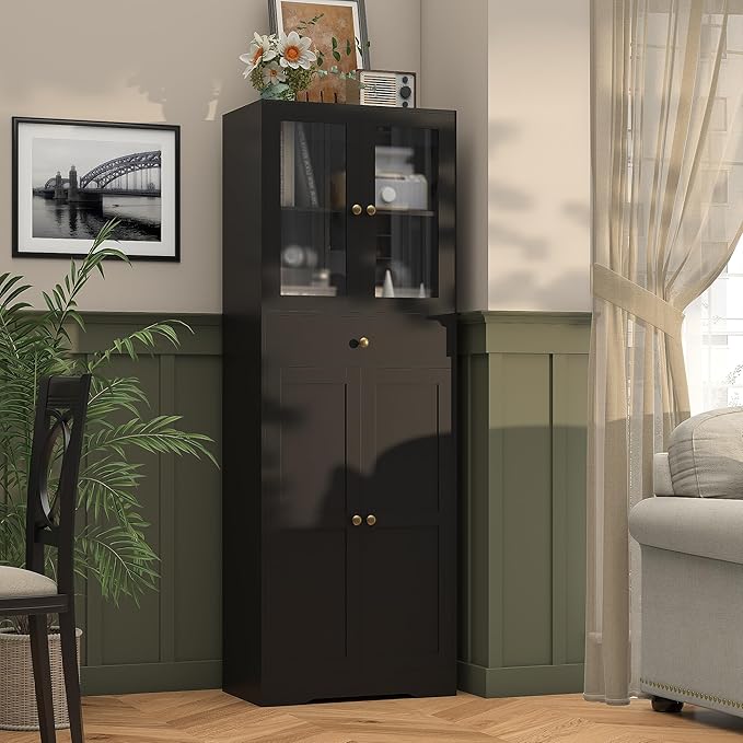 Space-Saving 67 Inch Bathroom Linen Cabinet,Freestanding Tall Storage Tower with Adjustable Shelves & Glass Doors for Bathroom, Kitchen, Hallway Organization (Black)