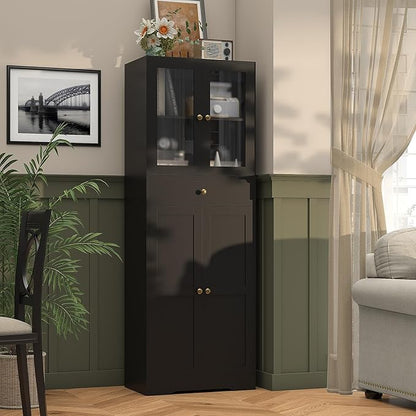 Space-Saving 67 Inch Bathroom Linen Cabinet,Freestanding Tall Storage Tower with Adjustable Shelves & Glass Doors for Bathroom, Kitchen, Hallway Organization (Black)
