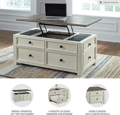 Signature Design by Ashley Bolanburg Lift-Top Coffee Table with Storage Two-Tone Rustic Farmhouse Cocktail Table – Brown/White