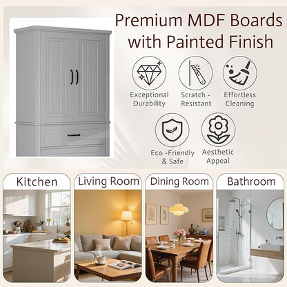 Tall Storage Cabinet, Bathroom Floor Freestanding Storage Cabinet with 2 Doors, Adjustable Shelf, and 2 Drawers for Bathroom, Office, Living Room, MDF Board, Grey