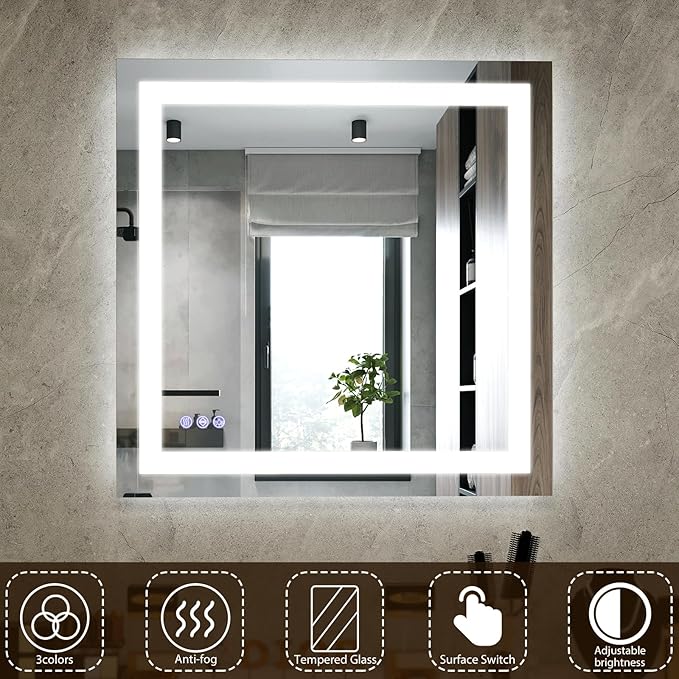VooBang Bathroom Mirror with Lights 40 x 40 inches - 3 Adjustable Lighting Modes LED Bathroom Vanity Mirror, Anti-Fog, Memory Function, Tempered Glass, Wall Mounted Horizontally Vertically