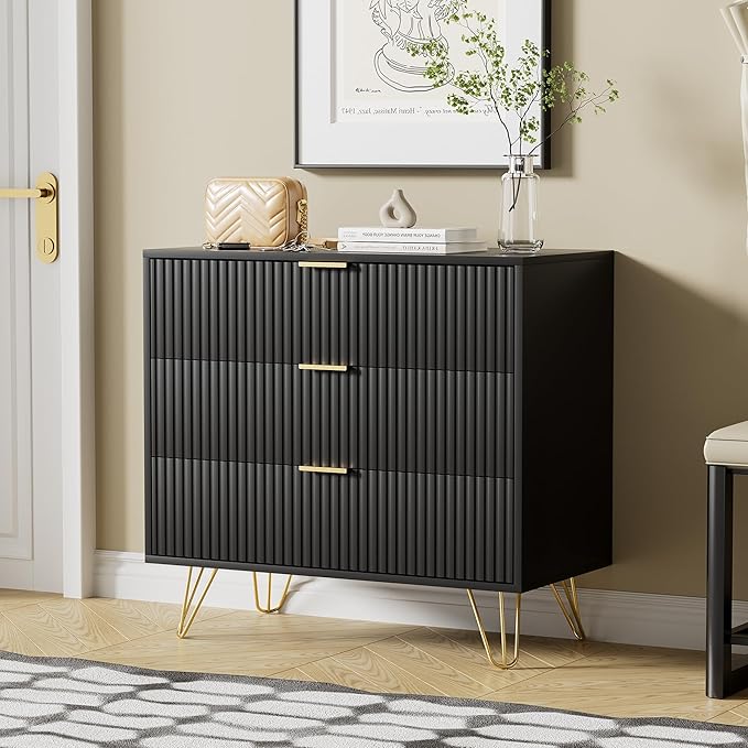 Black Dresser for Bedroom, Fluted Modern Dresser with Gold Pulls and 3 Drawers, 15.7" D x 31.5" W x 29.5" H