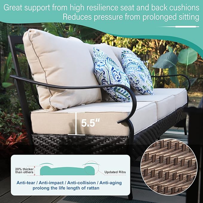 MFSTUDIO Outdoor Patio Furniture Set, 7 PCS Metal Patio Conversation Sets for 9, Patio Sectional Set with High Back 3-Seat Sofa, Loveseat, 2 Fixed Sofa Chairs, 2 Ottoman, 1 Coffee Table