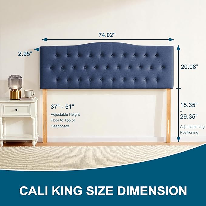 Tufted Upholstered Headboard California King Size, Sturdy and Durable Solid Wood Bed headboard, Fabric Headboard Adjustable Height from 37” to 51”, Button Diamond Design Head Board, Blue