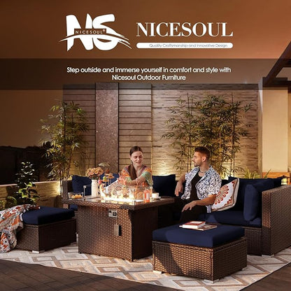 NICESOUL 9 Piece Patio Sectional Sofa Set with Fireplace Natural Gas/Propane, 29.3'' High Back Deep Seats Outdoor Conversation Couch, Extra-Large Wicker Furniture Sets, Brown Rattan and Blue Cushion