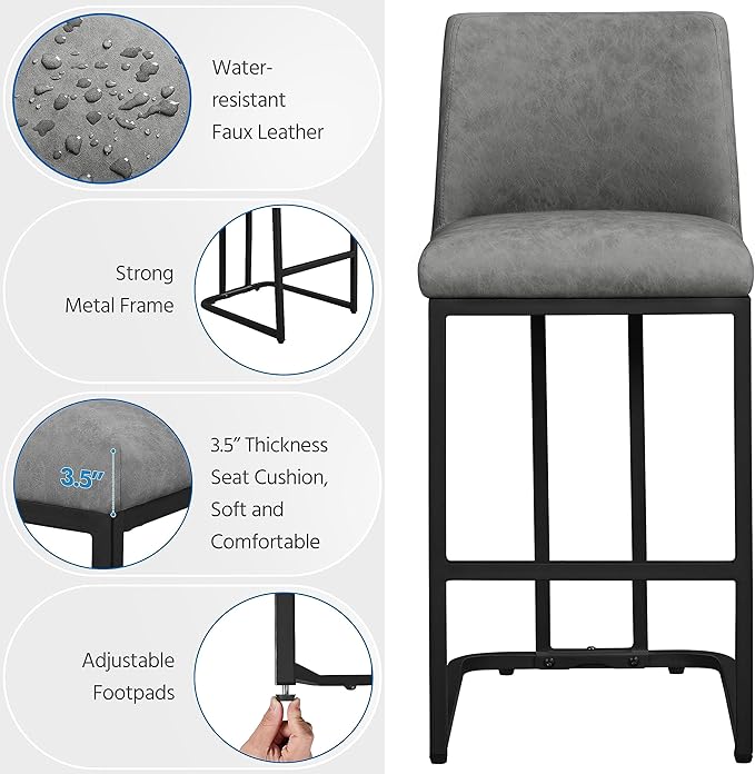 Yaheetech Counter Height Bar Stools 24'' Kitchen Bar Stools Set of 4 Upholstered Modern Island Chairs with Back and Metal Legs Farmhouse Bar Chairs for Kitchen Counter, Gray