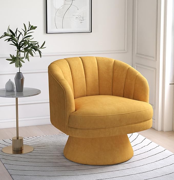 Swivel Accent Chair,Upholstered Velvet 360° Swivel Barrel Chair for Living Room Overstuffed Bouncle Reading Chair Round Armchair for Bedroom,Vanity,Office (Mustard)