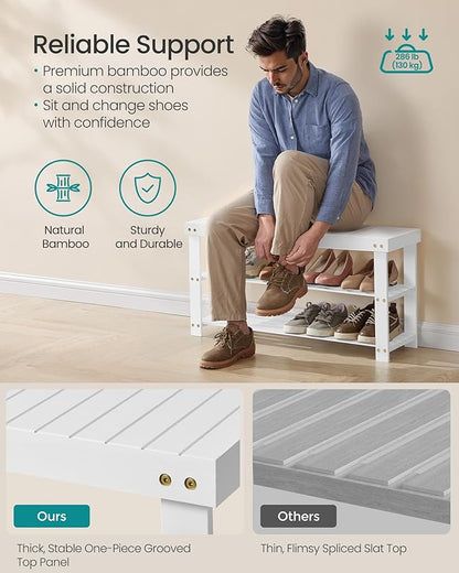 SONGMICS Shoe Rack Bench, 3-Tier Bamboo Shoe Storage Organizer, Entryway Bench, Holds Up to 286 lb, 11.3 x 35.4 x 17.8 Inches, for Entryway Bathroom Bedroom, Cloud White ULBS090W01
