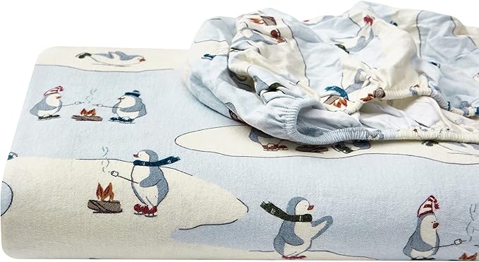 Eddie Bauer - Flannel Sheets Kingsize, Anti-Pilling & Wrinkle Resistant Cotton, Touchably Soft for All-Season Comfort - Bed Sheets with Matching Pillowcase & Fitted Sheet (Skating Penguin)