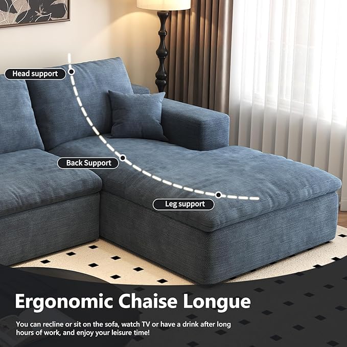 136.6'' L-Shaped Modern Modular Sectional Cloud Couch, 4-Seat Chenille Deep-Seat Sofa with Pillow for Living Room, Bedroom, Apartment, Ocean Blue