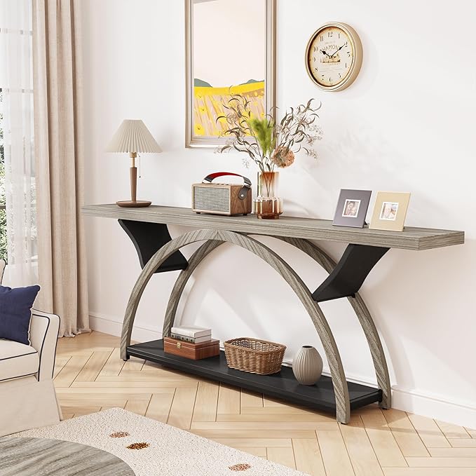 Tribesigns 70.87" Console Table with Storage Shelf, Narrow Long Sofa Table Behind Couch Table, 2-Tier Rustic Entryway Table with Half Moon Frame for Hallway Living Room, Gray & Black (Gray & Black)