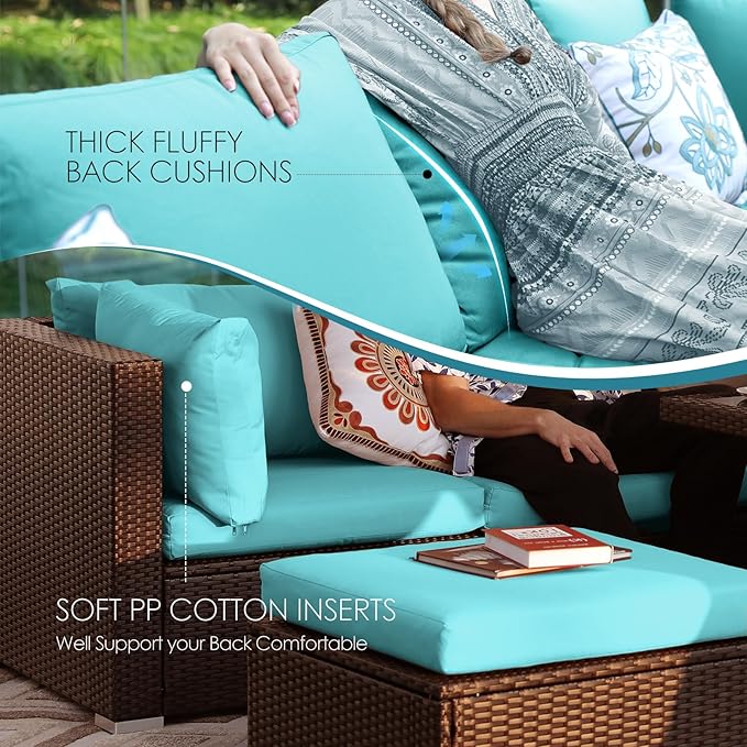 NICESOUL Large Outdoor Patio Furniture Set with Firepit Propane/Natural Gas, High-End Deep Seats Wicker Modular Sectional Sofas for 8, 29.3'' High Back Conversation Sets, Brown Rattan and Teal Cushion