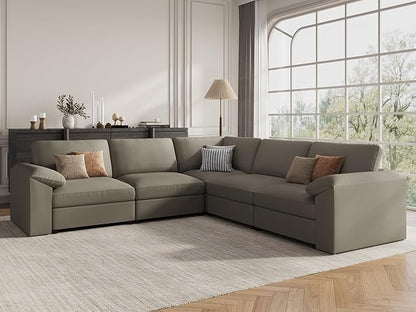 EASE MOOSE Oversized Corner Modular Sectional Sofa, Faux Leather Sectional Sofa with Deep Seat, Scratch Resistant Faux Leather Material, Extra Large L Shaped Couch, Light Grey