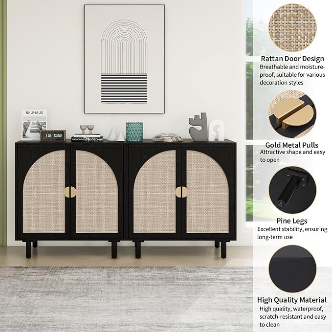 Black Sideboard Cabinet with 2 Rattan Doors, Rattan Buffet Cabinet with Adjustable Shelves & Pine Legs, Boho Sideboard Buffet for Living Room, Kitchen, Entryway (Black,2 PCS)