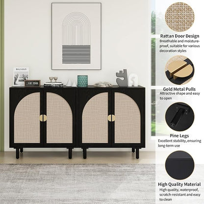 Black Sideboard Cabinet with 2 Rattan Doors, Rattan Buffet Cabinet with Adjustable Shelves & Pine Legs, Boho Sideboard Buffet for Living Room, Kitchen, Entryway (Black,2 PCS)