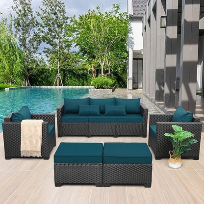 Rattaner Patio Furniture Set 5-Piece Outdoor Furniture Sets Patio Couch Outdoor Chairs Patio Ottomans with Anti-Slip Cushions and Waterproof Covers, Peacock Blue