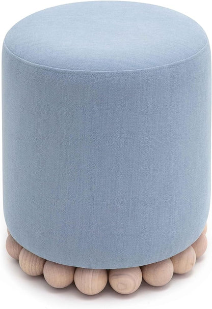 First of a Kind Ottoman Foot Rest - Faded Blue Round Ottoman Stool with Solid Wood Spherical Orbs - 15.7" W x 15.7" D x 18.3" H - Handmade, Easy Clean, 330 lbs Weight Capacity