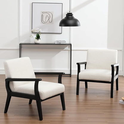 Mid Century Modern Accent Chair, Linen Upholstered Living Room Accent Armchair with Black Wood Frame, Farmhouse Chair Indoor Corner Chair for Living Room Bedroom, Beige