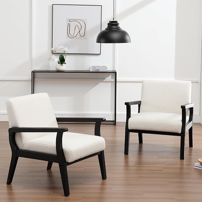 Mid Century Modern Accent Chair Set of 2, Linen Upholstered Living Room Accent Armchair with Black Wood Frame, Farmhouse Chair Indoor Corner Chair for Living Room Bedroom, Beige