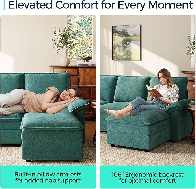 LINSY HOME Sleeper Sofa Bed, 115" Modular Sectional Sofa Bed with Double Layer Cushious, Comfy Cloud Sofa Couches for Living Room, Apartment, Home Theater, Green