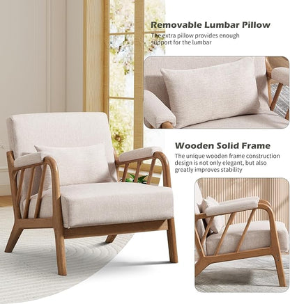 Mid Century Modern Accent Chair with Solid Wood Frame, Upholstered Living Room Chairs with Lumbar Cushion Padded Arms, Reading Armchair for Bedroom (1, Linen Beige)